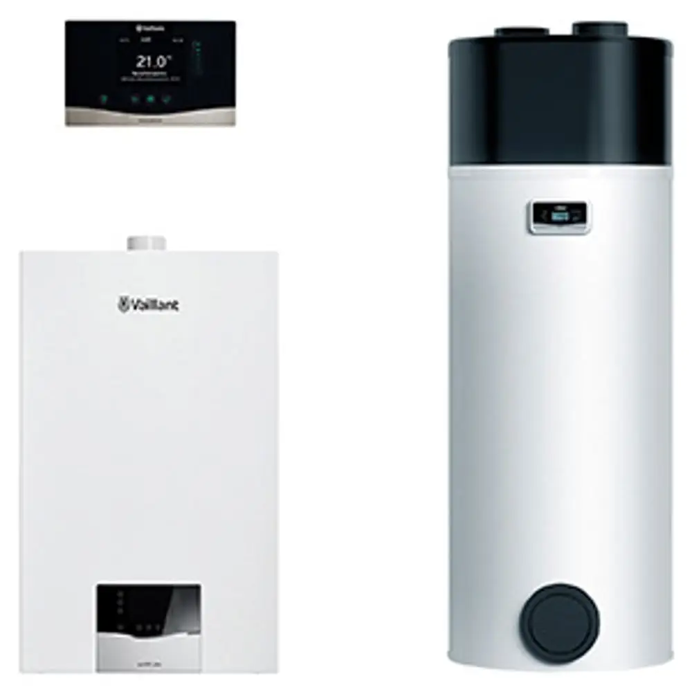 Vaillant Heizkessel und Pufferspeicher in einem zeitgemäßen Design, abgebildet mit einem digitalen Raumthermostat oberhalb.